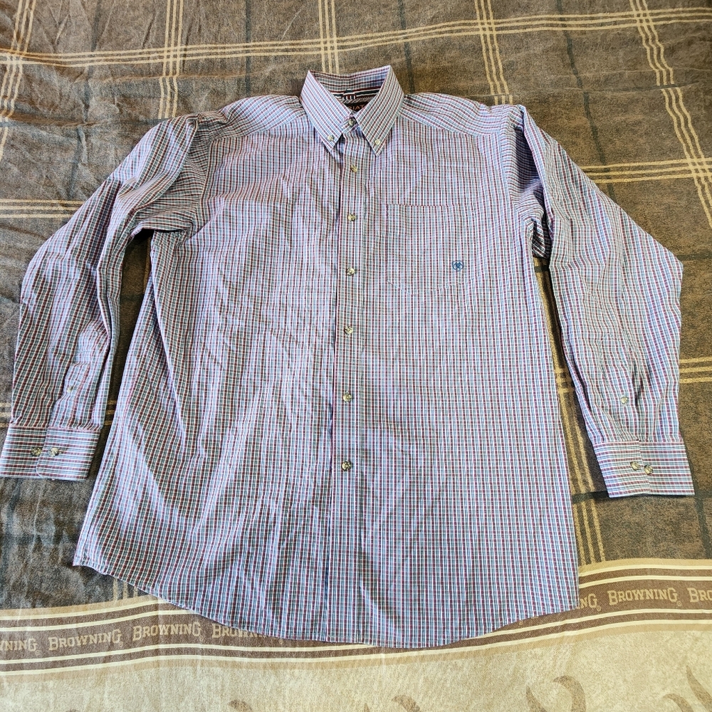 Mens Ariat Pro Series Long Sleeved Button Down‎ Red Blue Plaid Shirt Sz L Cowboy